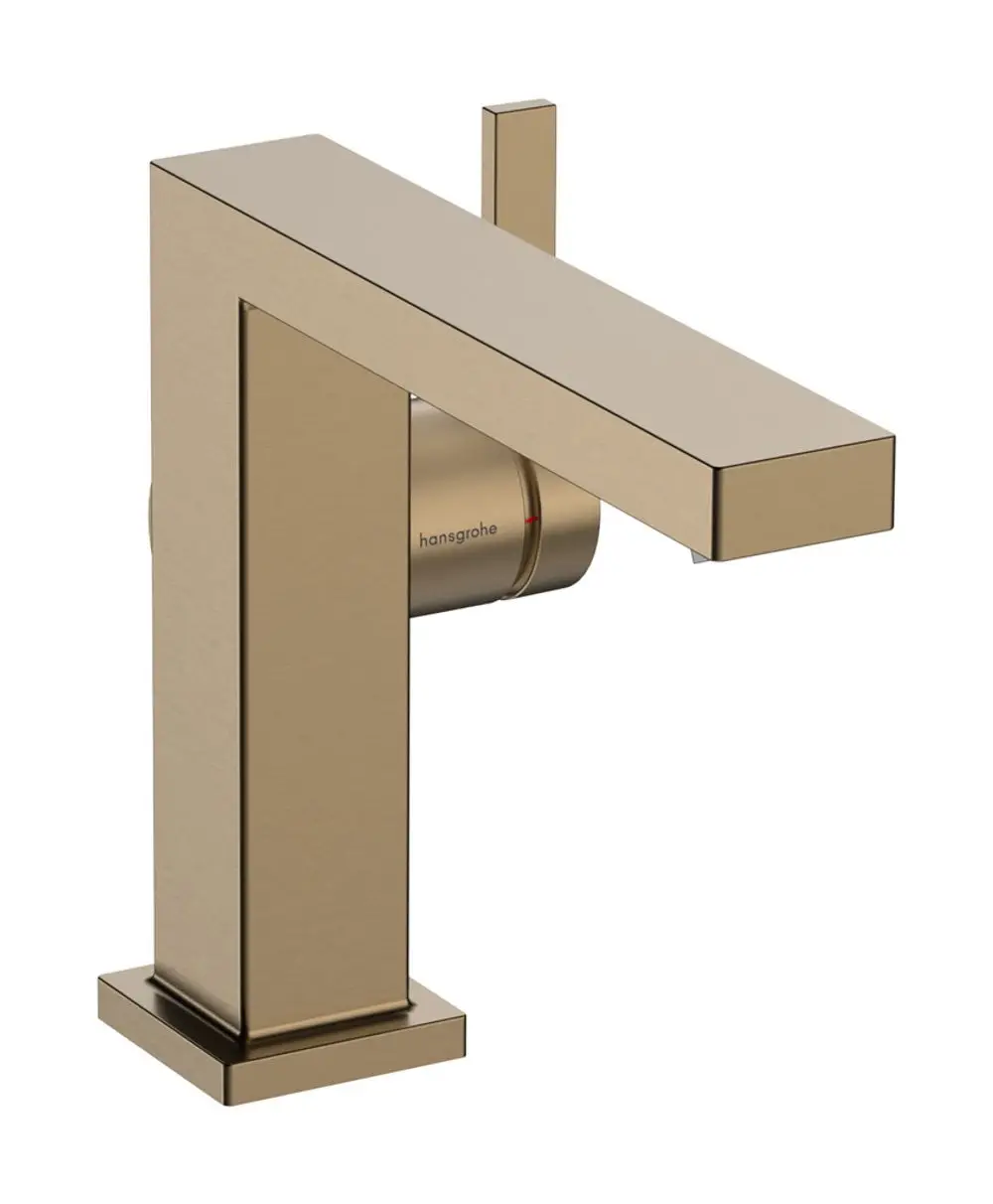 Waschtischmischer in Brushed Bronze-Finish von Hansgrohe mit einem modernen Design und einem Hebel zur Regulierung von Wasserfluss und -temperatur. Includes Push-Open Ablaufgarnitur.